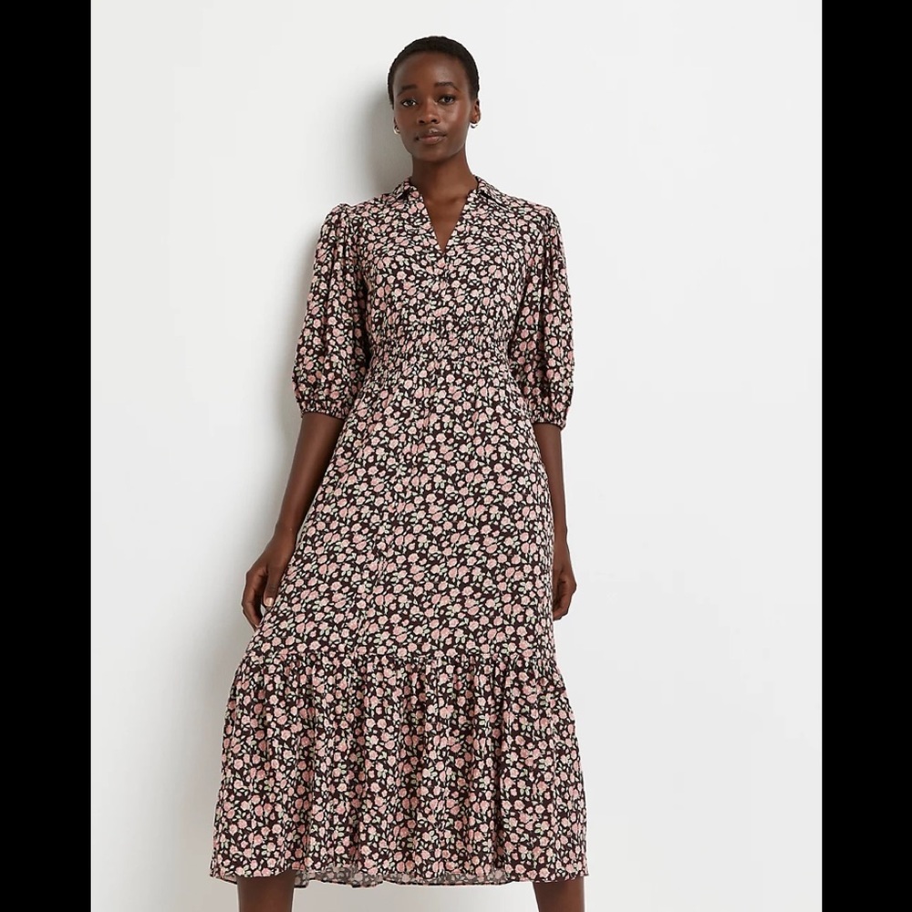 RIVER ISLAND PINK FLORAL SHIRRED MIDI DRESS